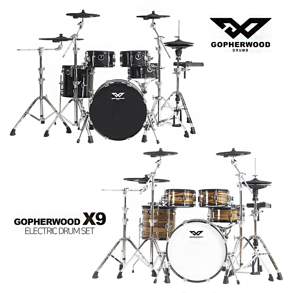 Gopherwood X9 고퍼우드 전자드럼 멀티센서심벌 블루투스기능 풀패키지(드럼의자, 드럼페달, 드럼스틱 포함)